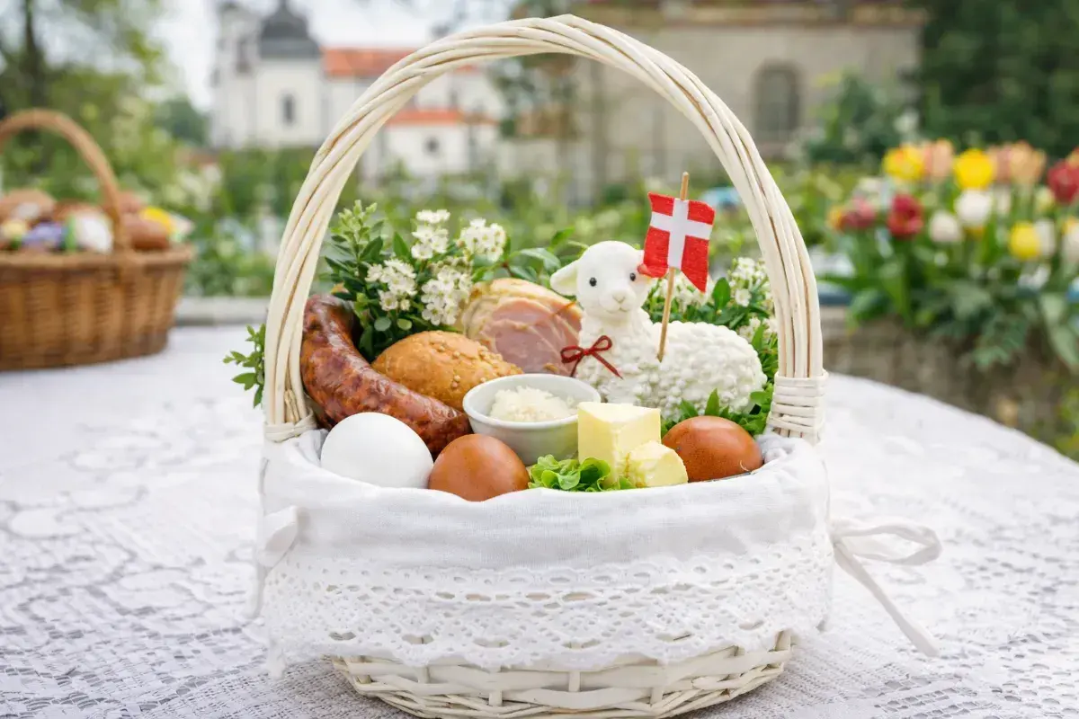 W koszyczku wielkanocnym: biała kiełbasa, jajka, masło, chleb, baranek z flagą Danii i bukszpan.