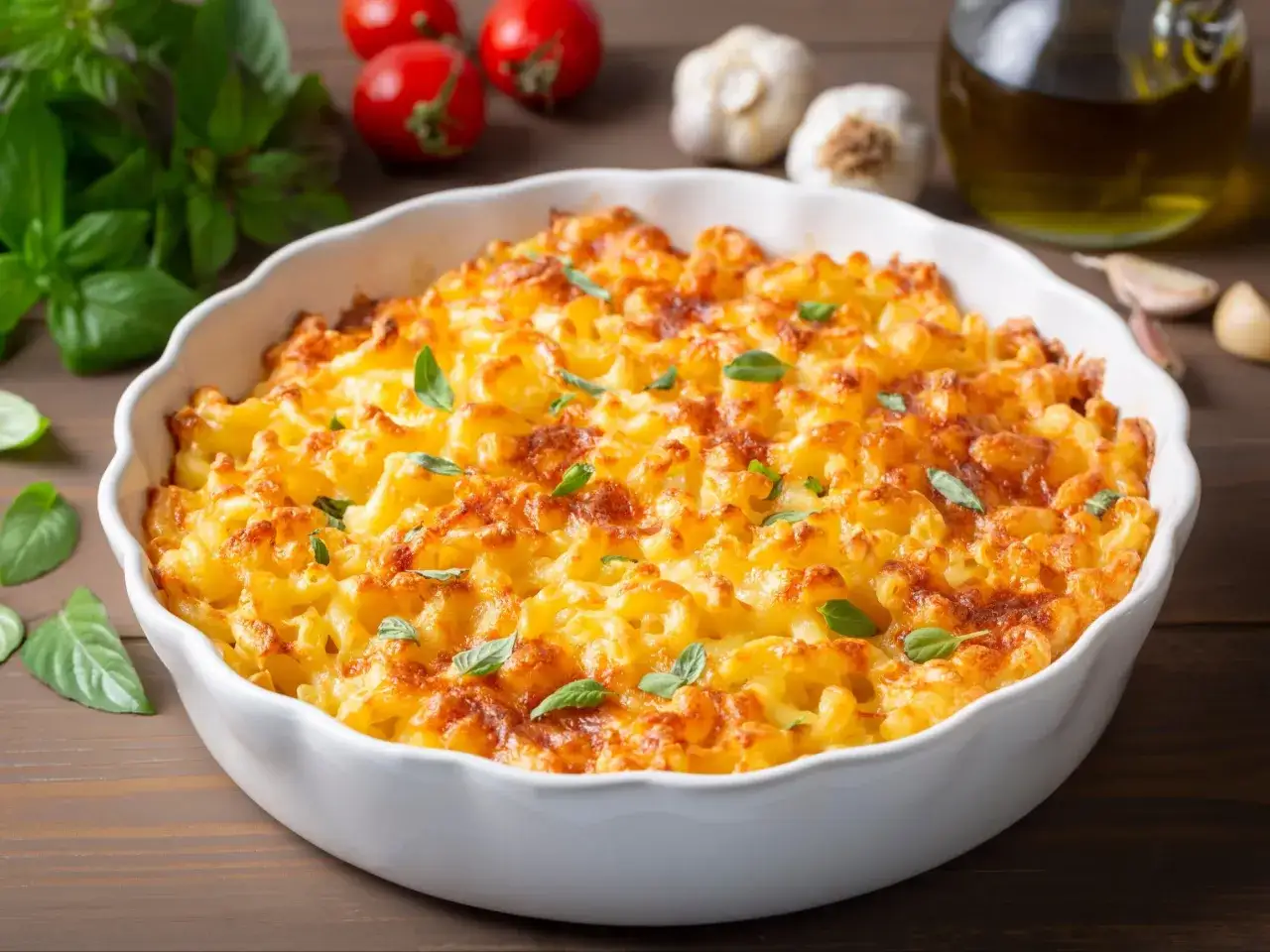 Zapiekane mac and cheese w białej misie, ozdobione listkami bazylii. W tle pomidory, czosnek i oliwa.