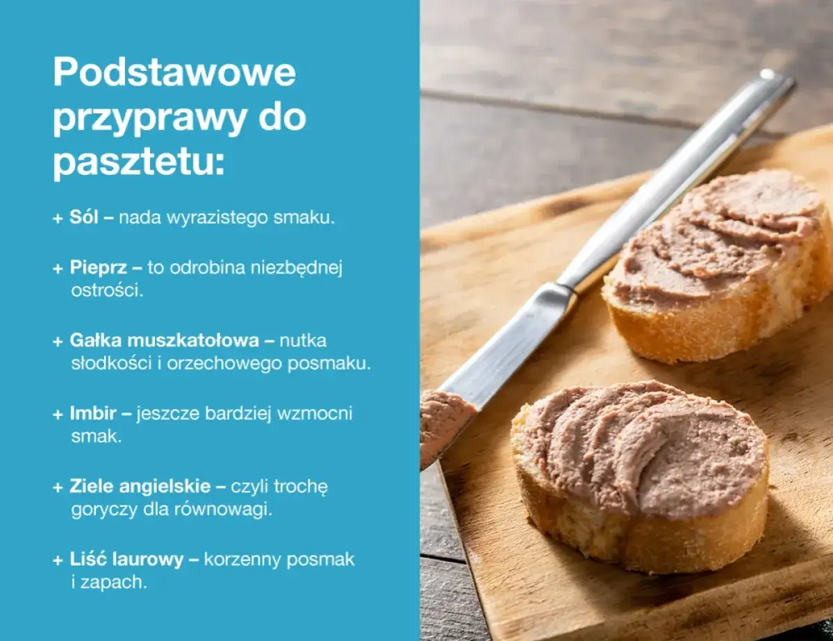 Podstawowe przyprawy do pasztetu: sól, pieprz, gałka muszkatołowa, imbir, ziele angielskie i liść laurowy nadadzą mu wyrazisty smak.